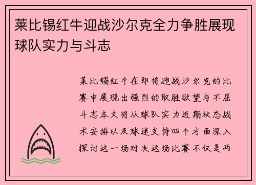 莱比锡红牛迎战沙尔克全力争胜展现球队实力与斗志